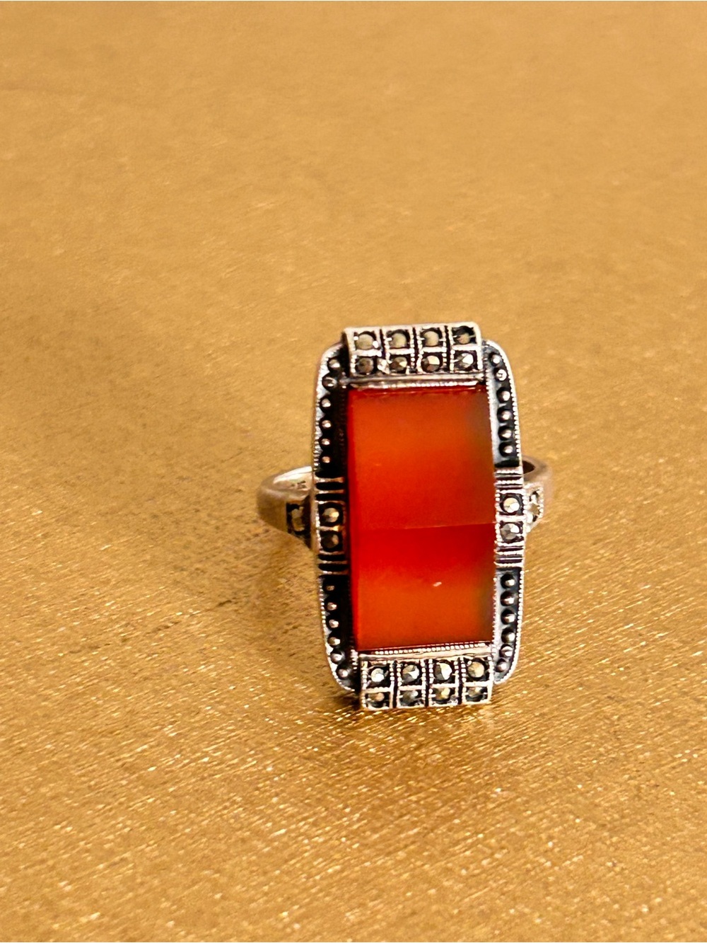 Vintage 925 Sterling Silver Carnelian Statement Ring Size 5.5 Art Deco Style
